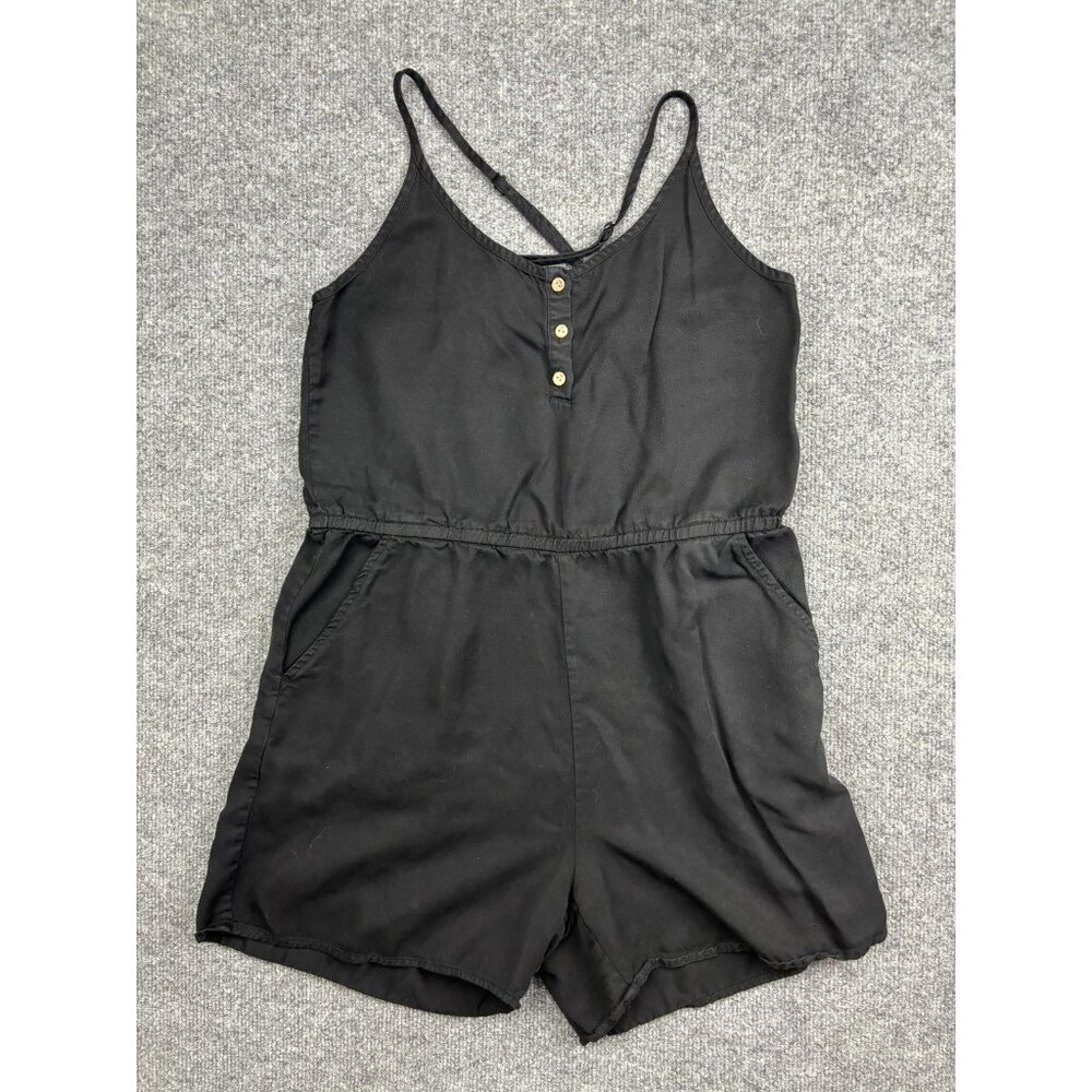tentree Romper Womens Large Black‎ Tencel Lyocell Button Front Pockets Strappy